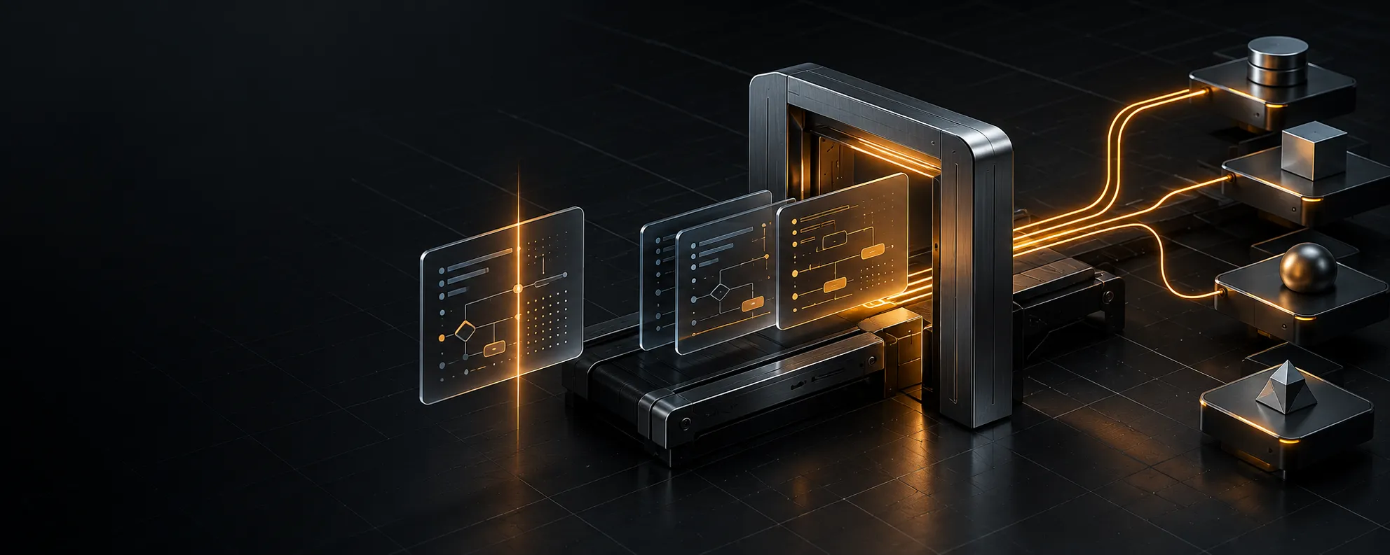 Layered translucent workflow cards pass through a silver verification gate, with amber connections continuing only to approved tool nodes.
