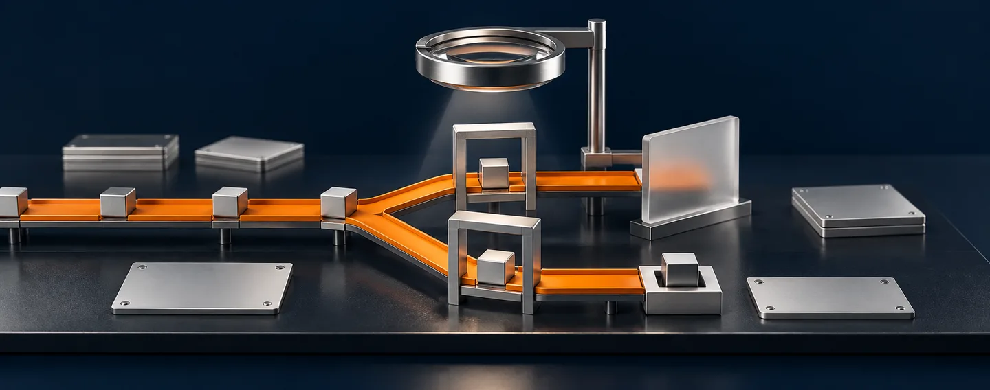 Branching orange rails carry silver blocks towards a socket while a metal plate closes another route.