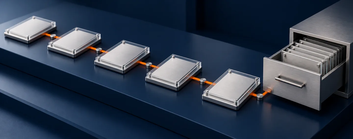 Linked silver evidence plates follow an orange trace route toward an open archival drawer.