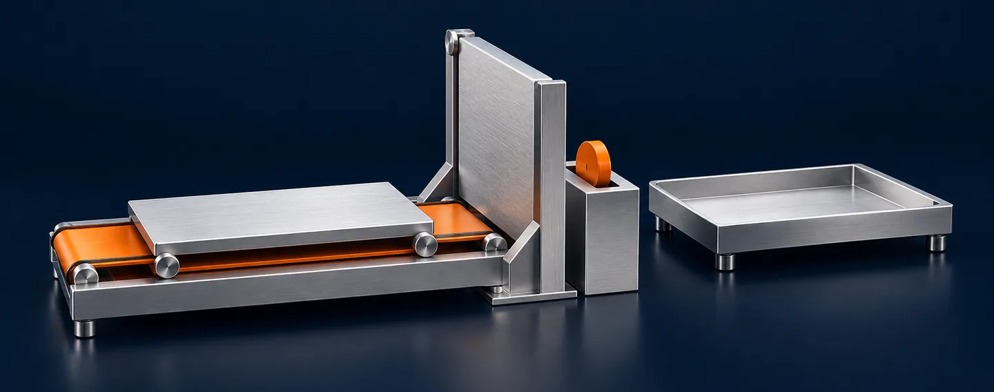 A mechanical gate separates a silver proposal card from an execution tray, with an orange connector passing through a dedicated decision slot.