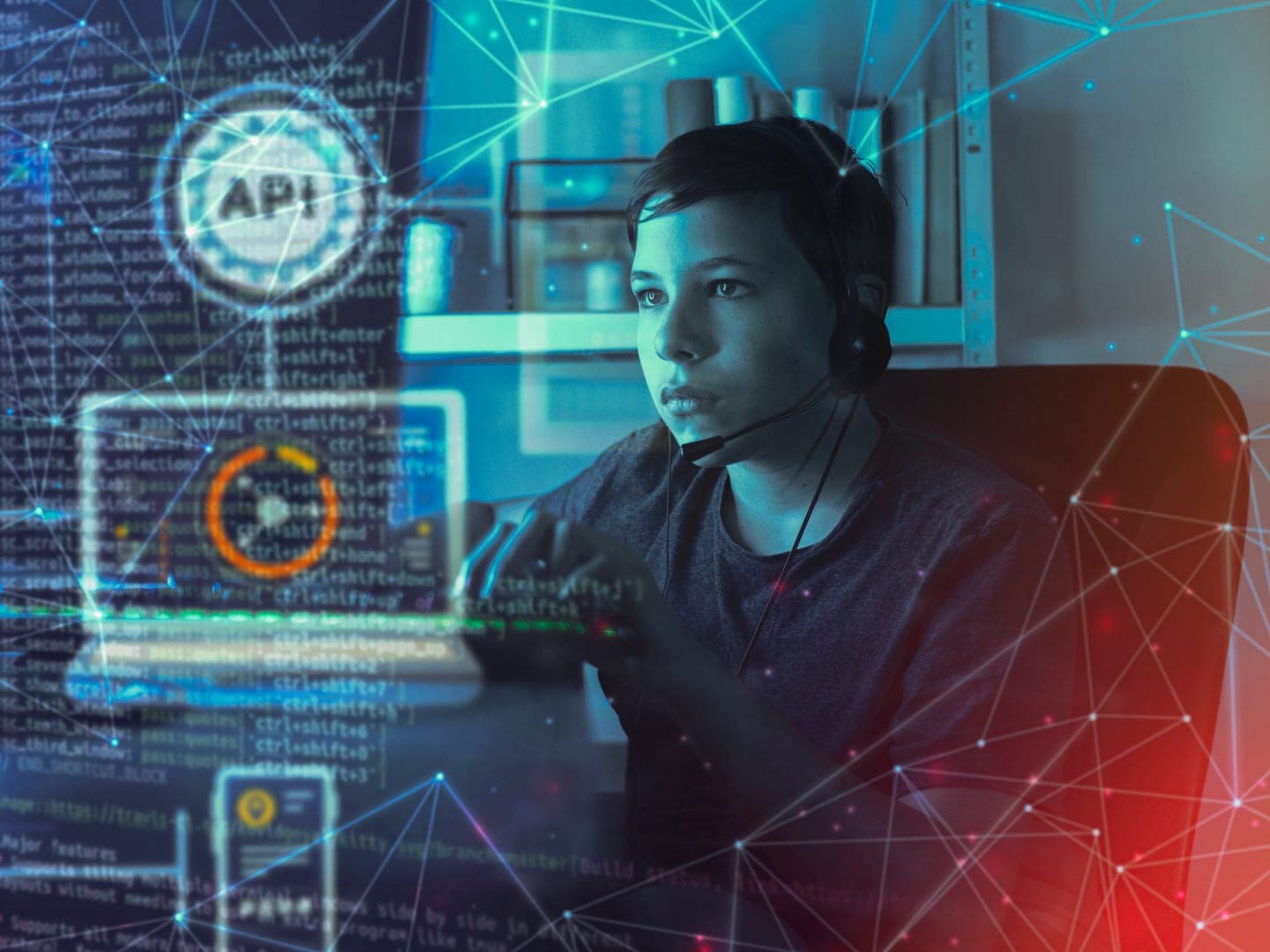 A young man wearing a headset works at a computer in a dim room while translucent overlays of code, an API badge and a network mesh glow in blue and cyan across the scene.