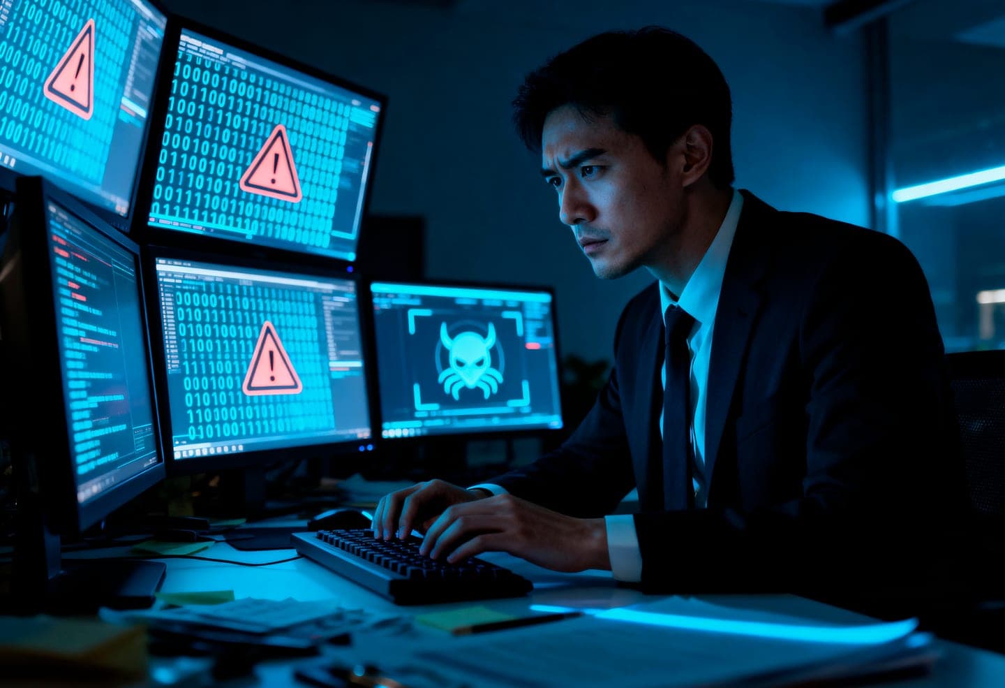 A man in a dark suit types at a keyboard in a dim office, frowning at a bank of glowing cyan monitors that show red warning triangles, streams of binary code and a skull-shaped threat icon.