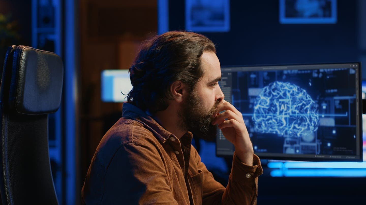A bearded engineer in a brown shirt sits in a dim blue-lit room, hand on chin, studying a monitor that shows a glowing blue neural brain diagram.