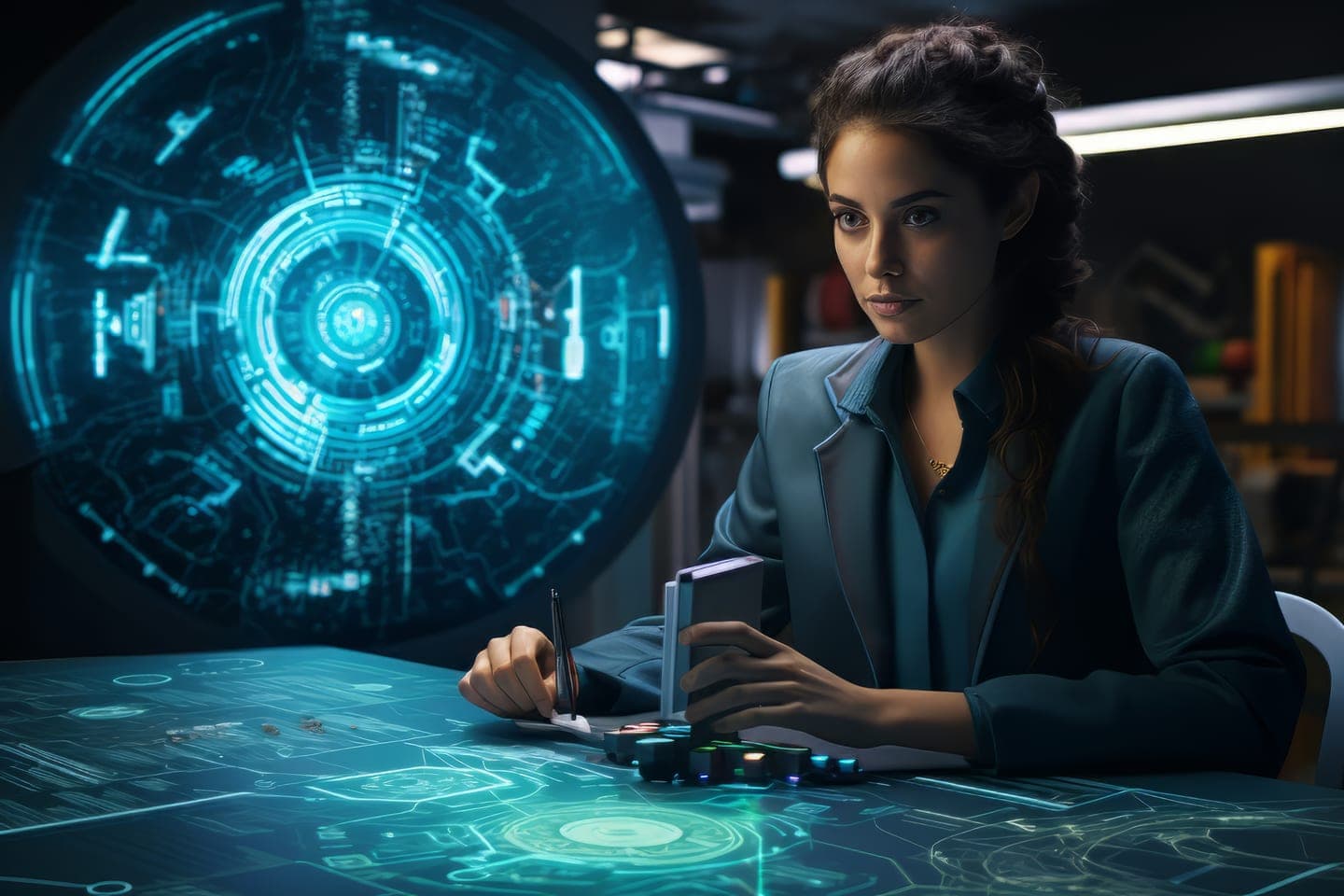 A woman in a dark blazer sits at a glowing cyan holographic table, holding a small device and looking past a large circular target-like interface on the wall of a dim control room.
