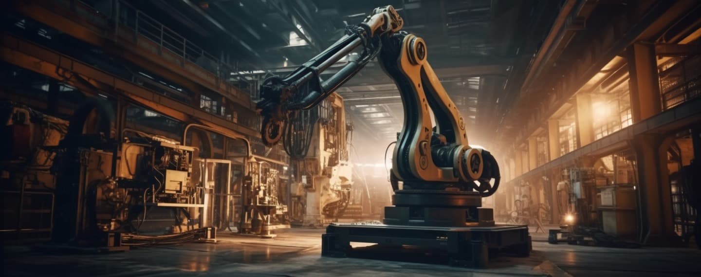 A large industrial robotic arm mounted on a plinth in a dimly lit factory hall.