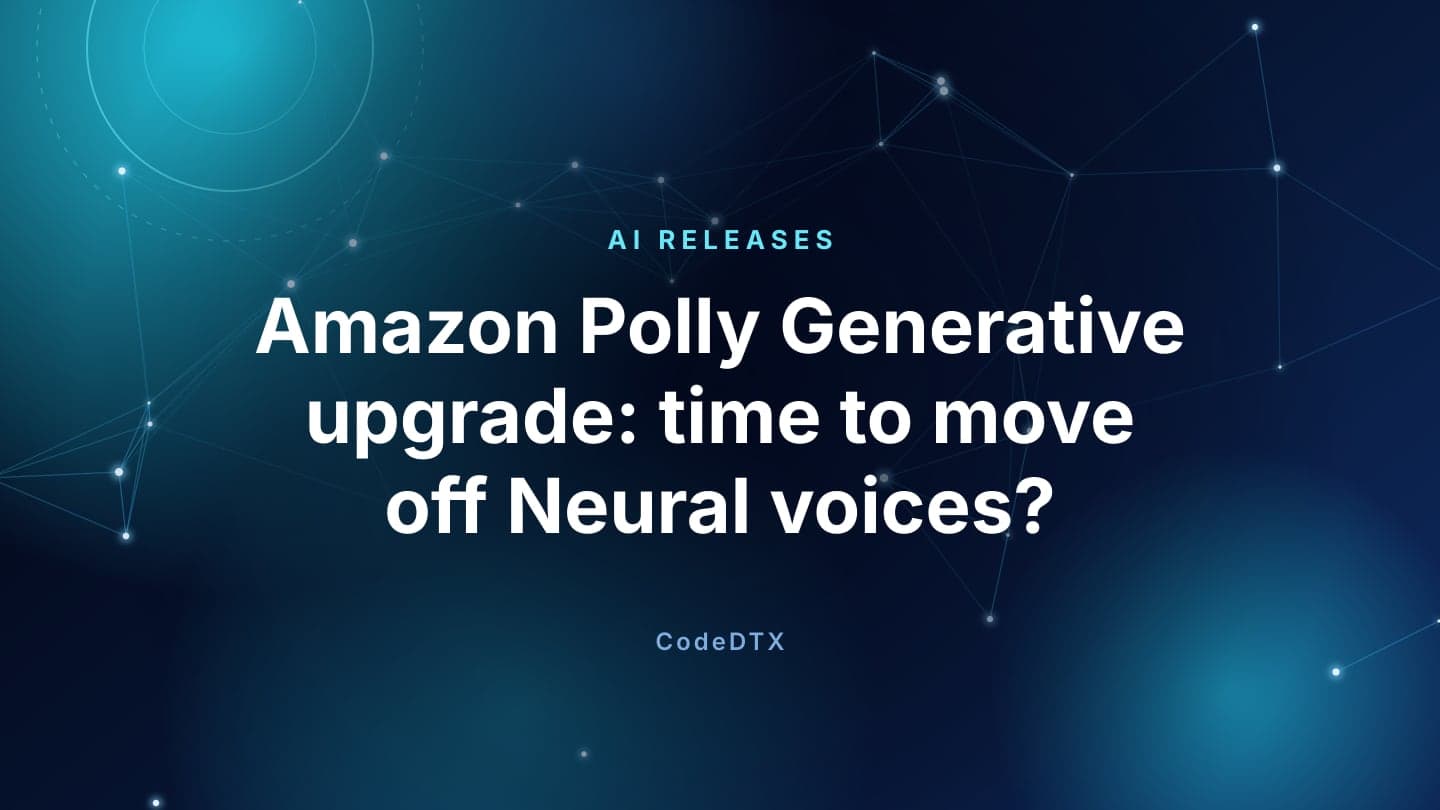 Dark navy CodeDTX banner with a glowing cyan network and the words Amazon Polly Generative upgrade: time to move off Neural voices?