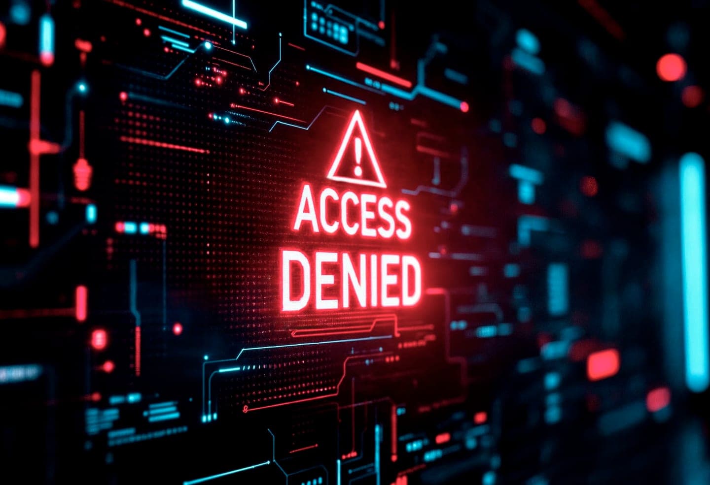 Glowing red Access Denied warning with a triangle alert sign on a dark circuit-board screen edged with cyan interface lights