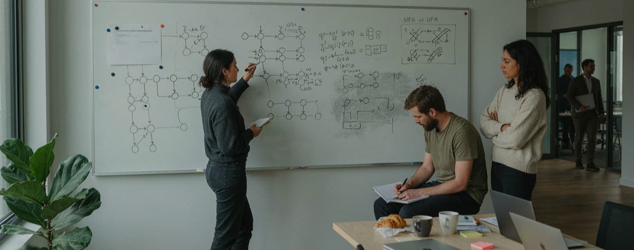 Three colleagues at a whiteboard covered in hand-drawn state diagrams, one mid-sentence with a marker.