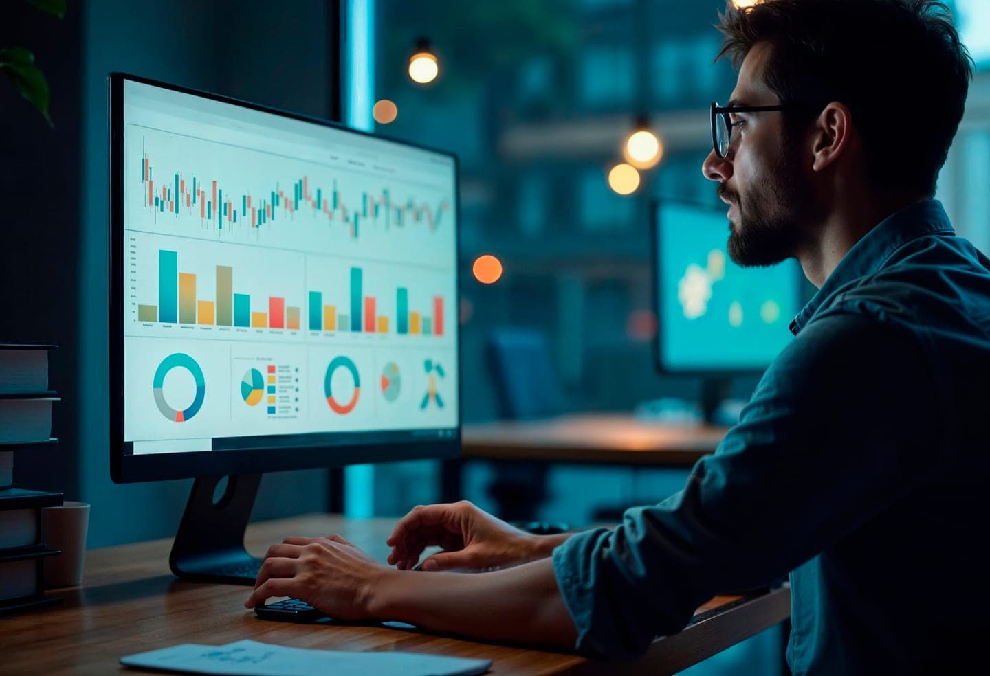 An engineer in a dim teal-lit office studies a large monitor of bar charts, line graphs and ring charts, with more dashboards glowing in the background