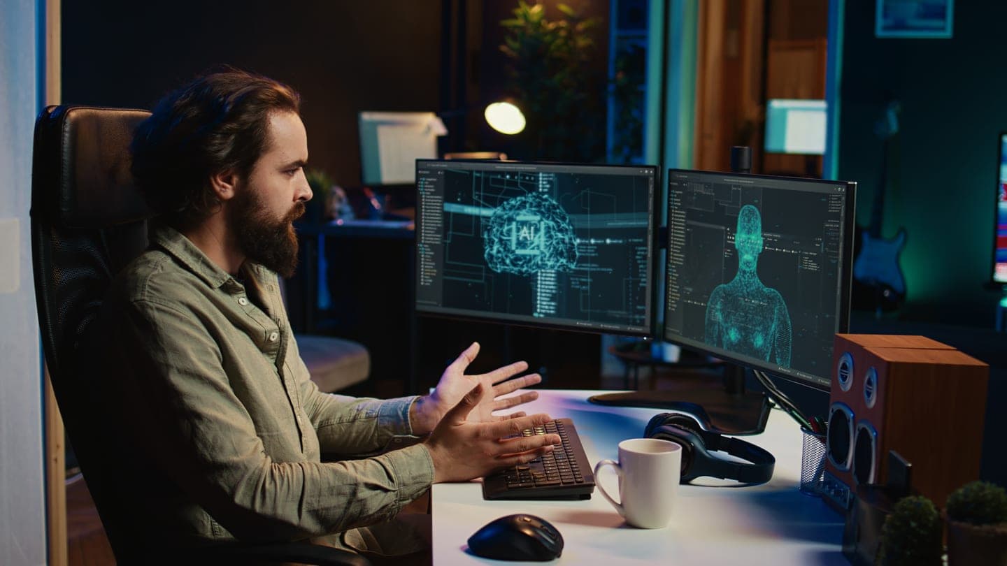 A bearded developer gestures at his keyboard in a dim room while two monitors show a glowing cyan AI brain with code panels and a wireframe humanoid figure.
