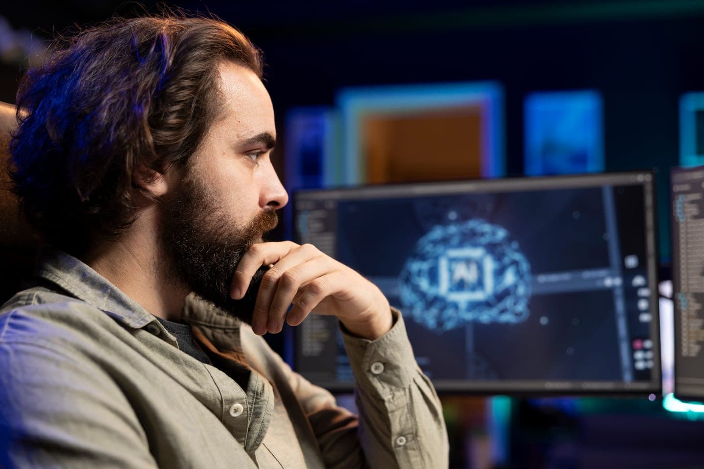Bearded engineer with his hand at his chin studying a monitor that shows a glowing blue neural network shaped like a brain labelled AI, in a dim office