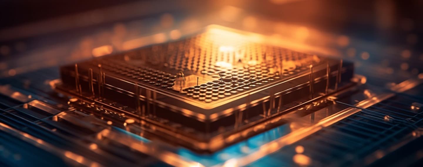 Close-up of a processor seated on a circuit board, lit from above with a warm amber glow.