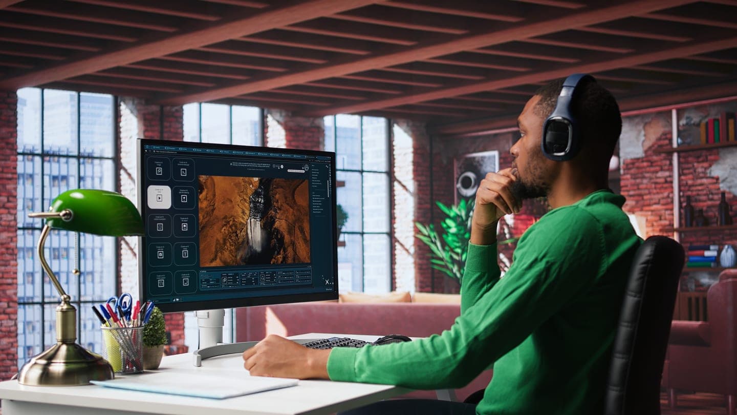 A man in headphones sits at a desk in a brick-walled studio, studying an AI-generated landscape image in an image editing tool on his monitor