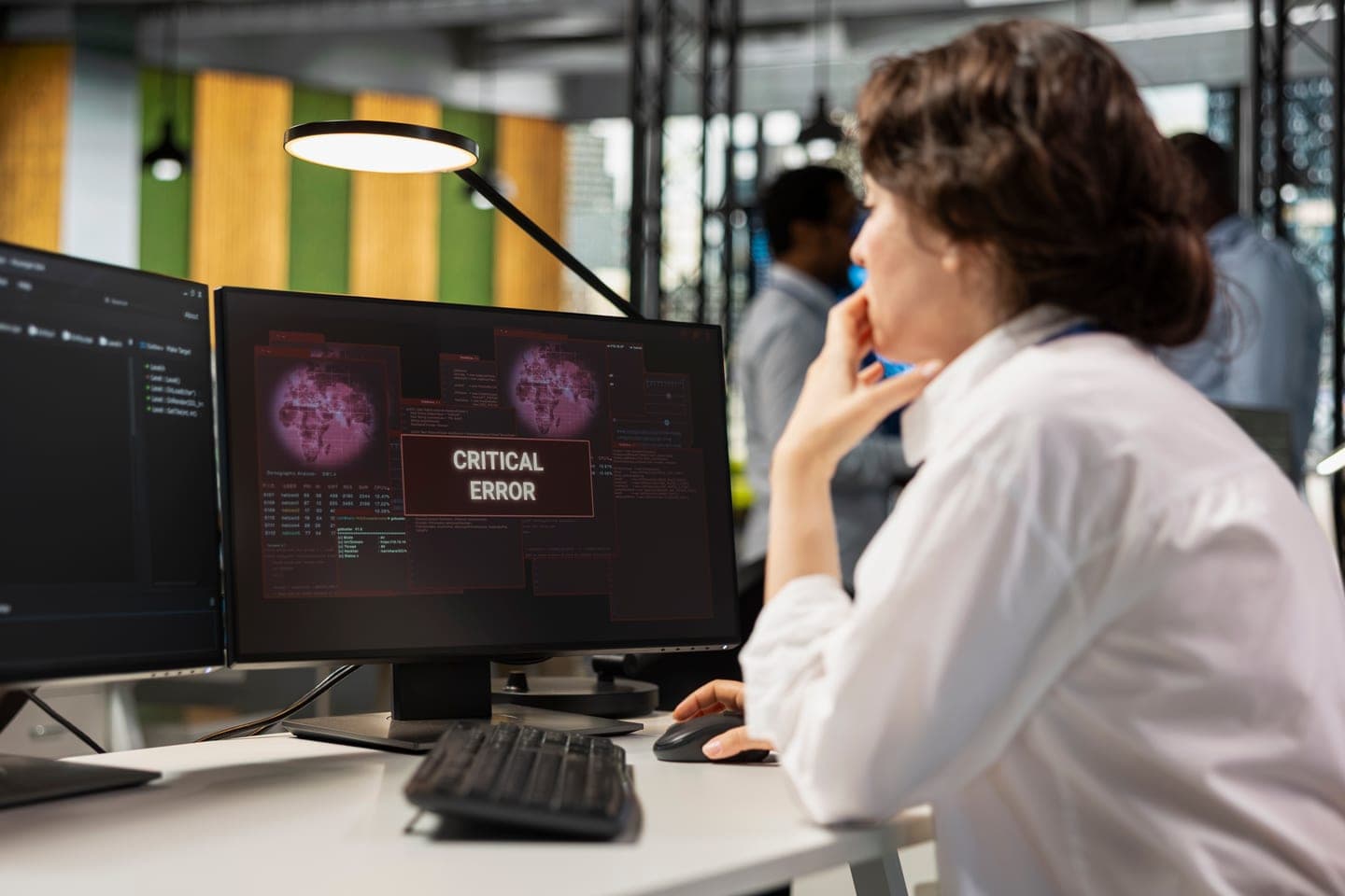 A software engineer in an office studies a monitor showing a red CRITICAL ERROR warning over dark security dashboards, hand raised to their chin