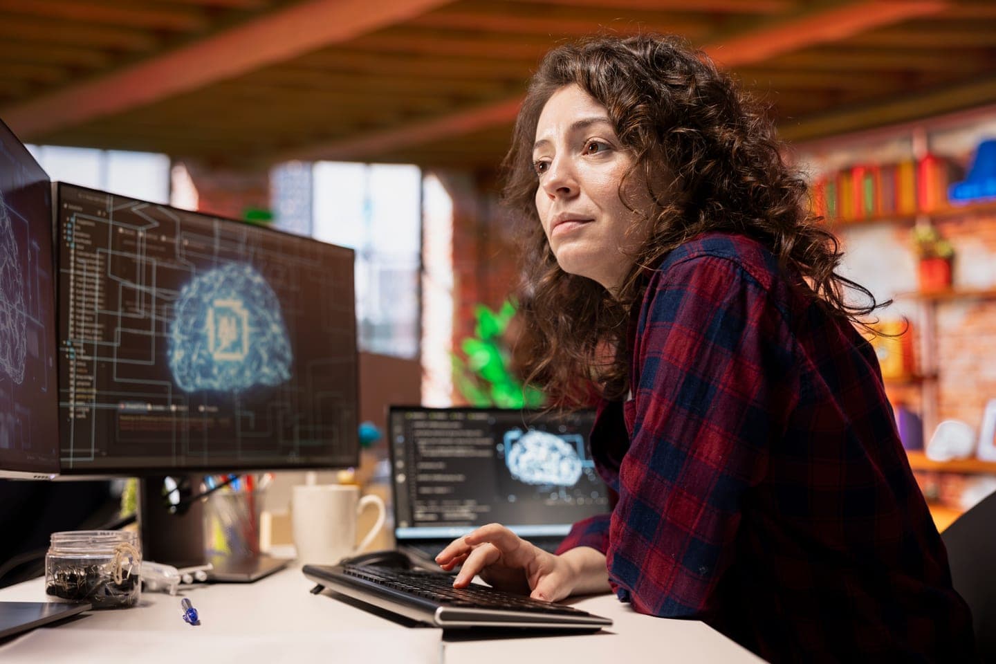 Engineer in a plaid shirt at a desk studying monitors that show a glowing blue AI chip brain over code, with a laptop showing the same model in a brick-walled office