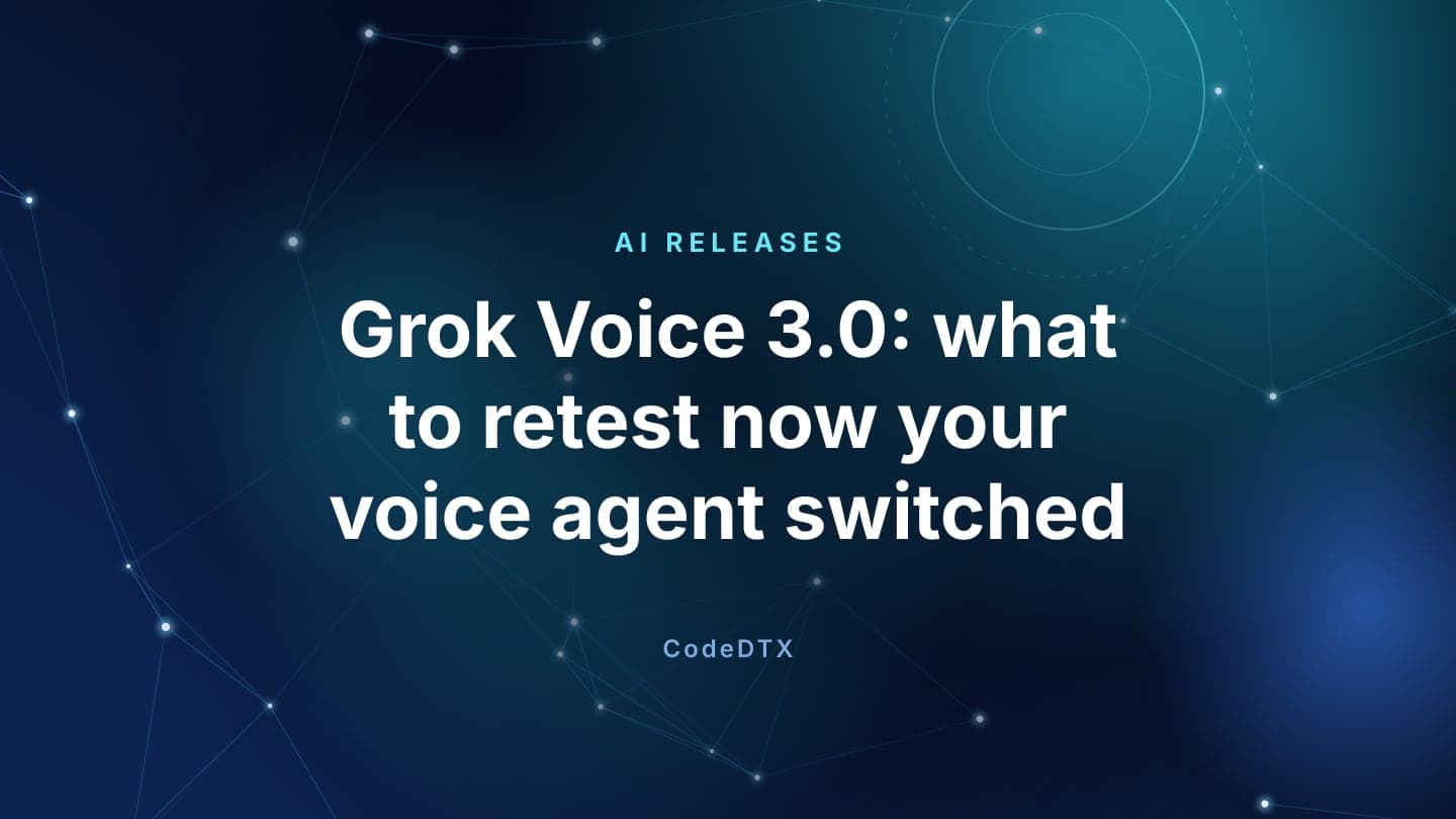 Dark navy CodeDTX banner with a glowing cyan network and the words Grok Voice 3.0: what to retest now your voice agent switched