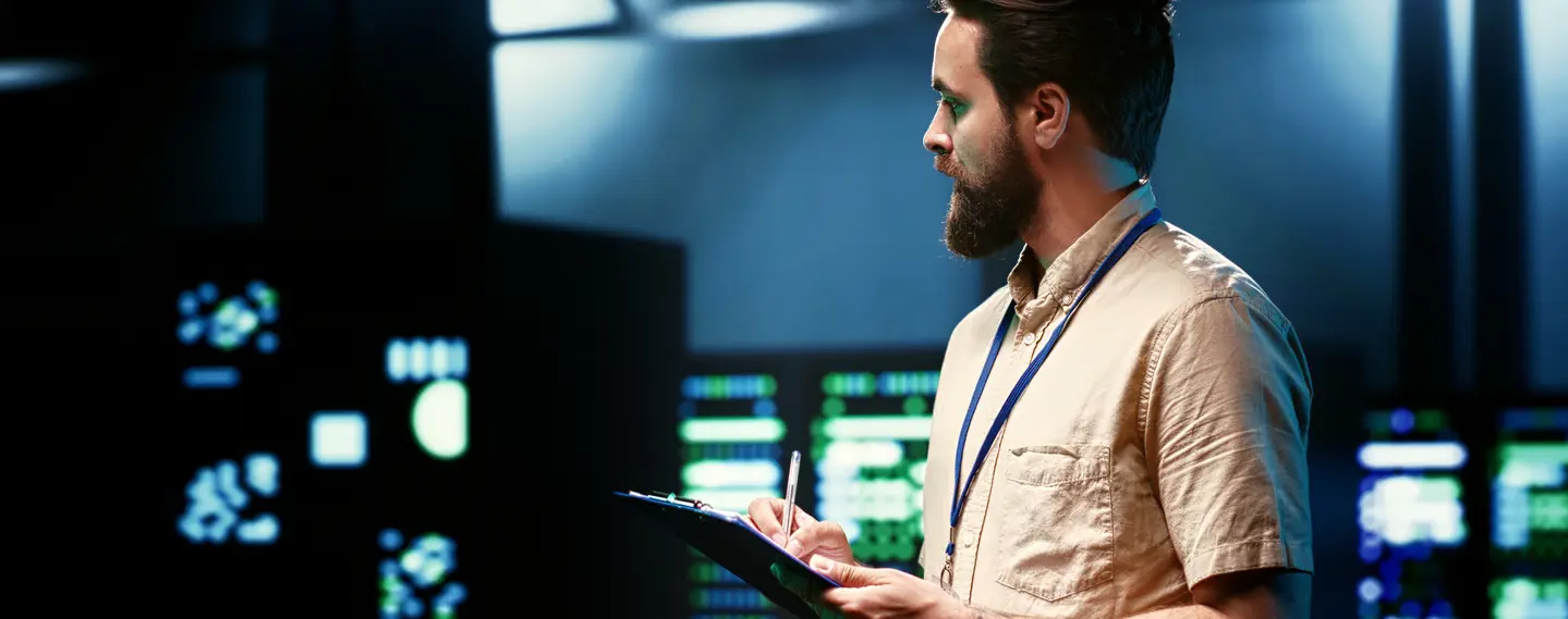 A bearded man wearing a lanyard writes on a clipboard in a data centre, with panels of glowing blue and green readouts filling the space behind him.