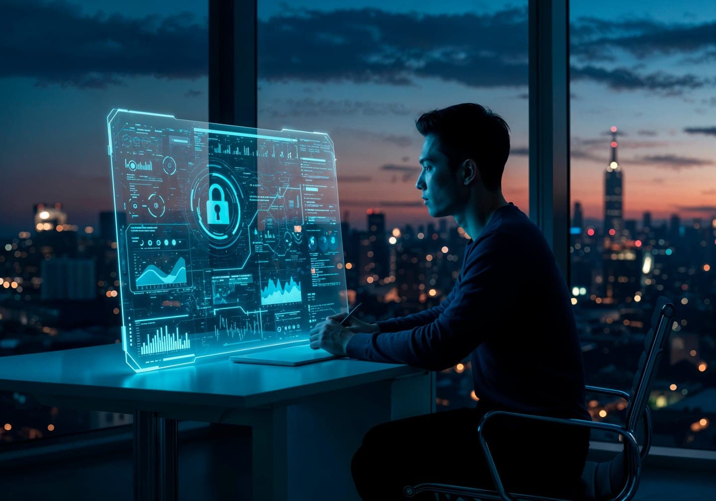 A man in a dark sweater sits at a desk by a window over a city at dusk, studying a glowing transparent screen of data charts with a padlock icon at its centre.