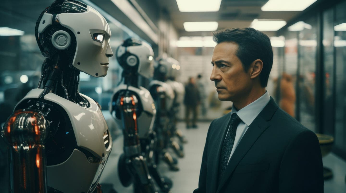 A man in a dark suit studies a line of white humanoid robots standing in a row along a dim office corridor.