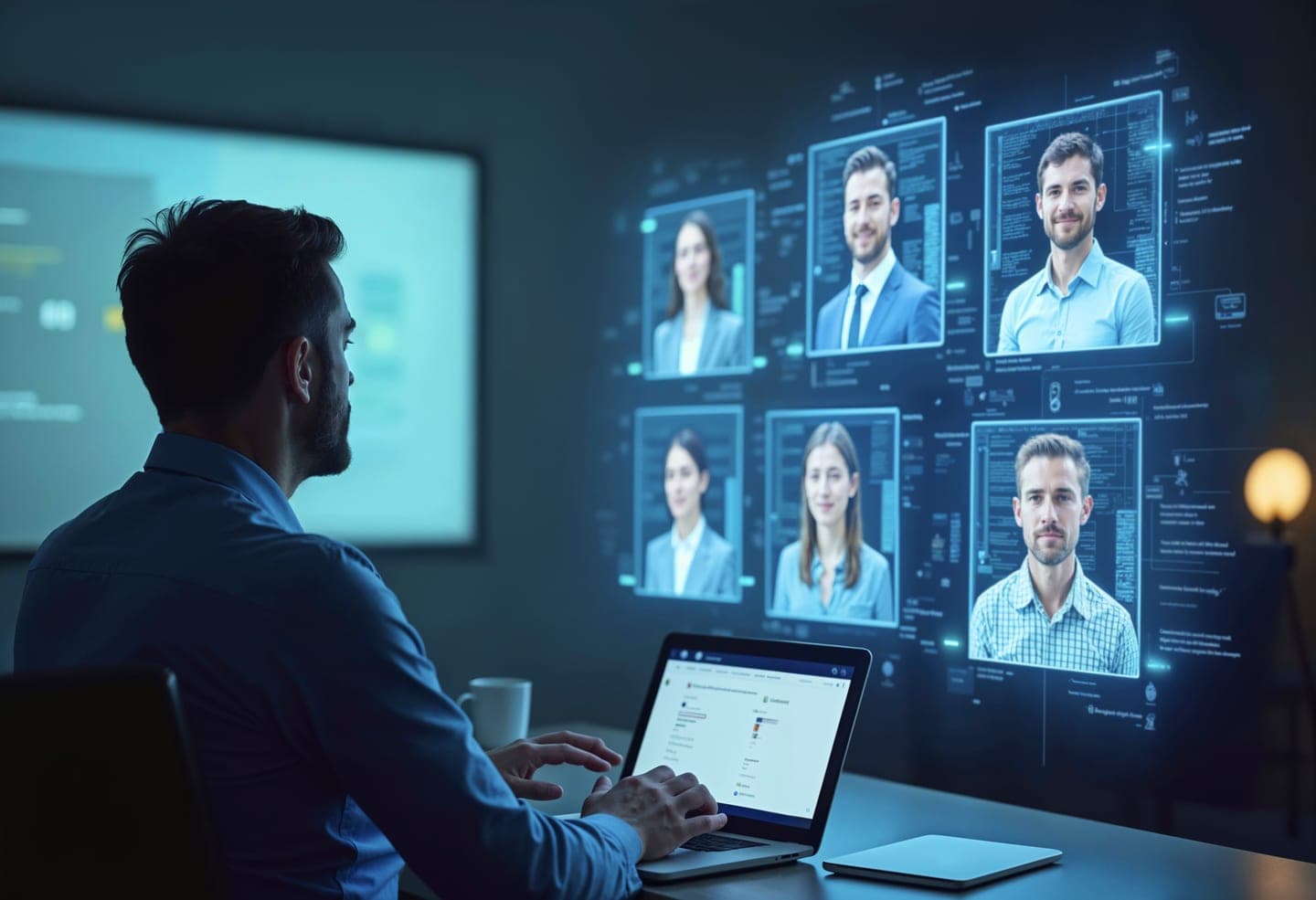 A man in a dark office types on a laptop while a glowing blue holographic grid in front of him shows separate customer profile cards, each in its own frame.