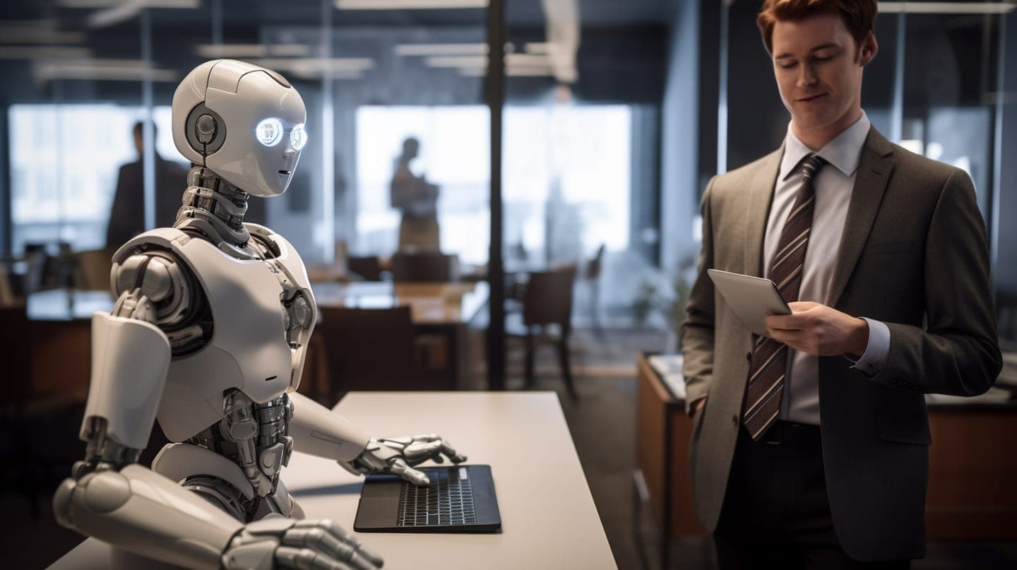 A white humanoid robot types on a laptop at an office desk while a man in a suit stands beside it checking a tablet.
