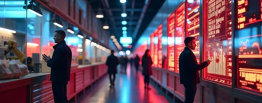 People standing in a dark corridor lined with tall screens showing dense red and orange data displays.