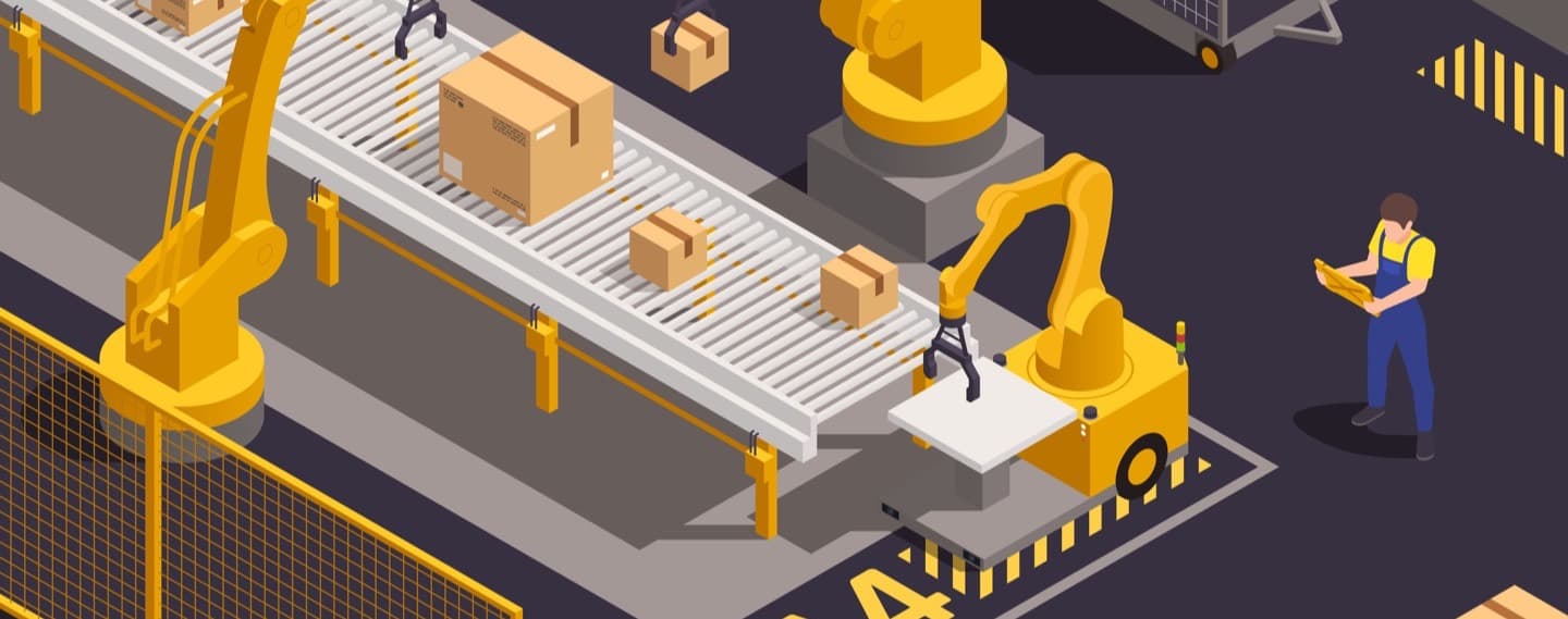 Isometric illustration of robotic arms lifting boxes from a conveyor while a worker looks on.