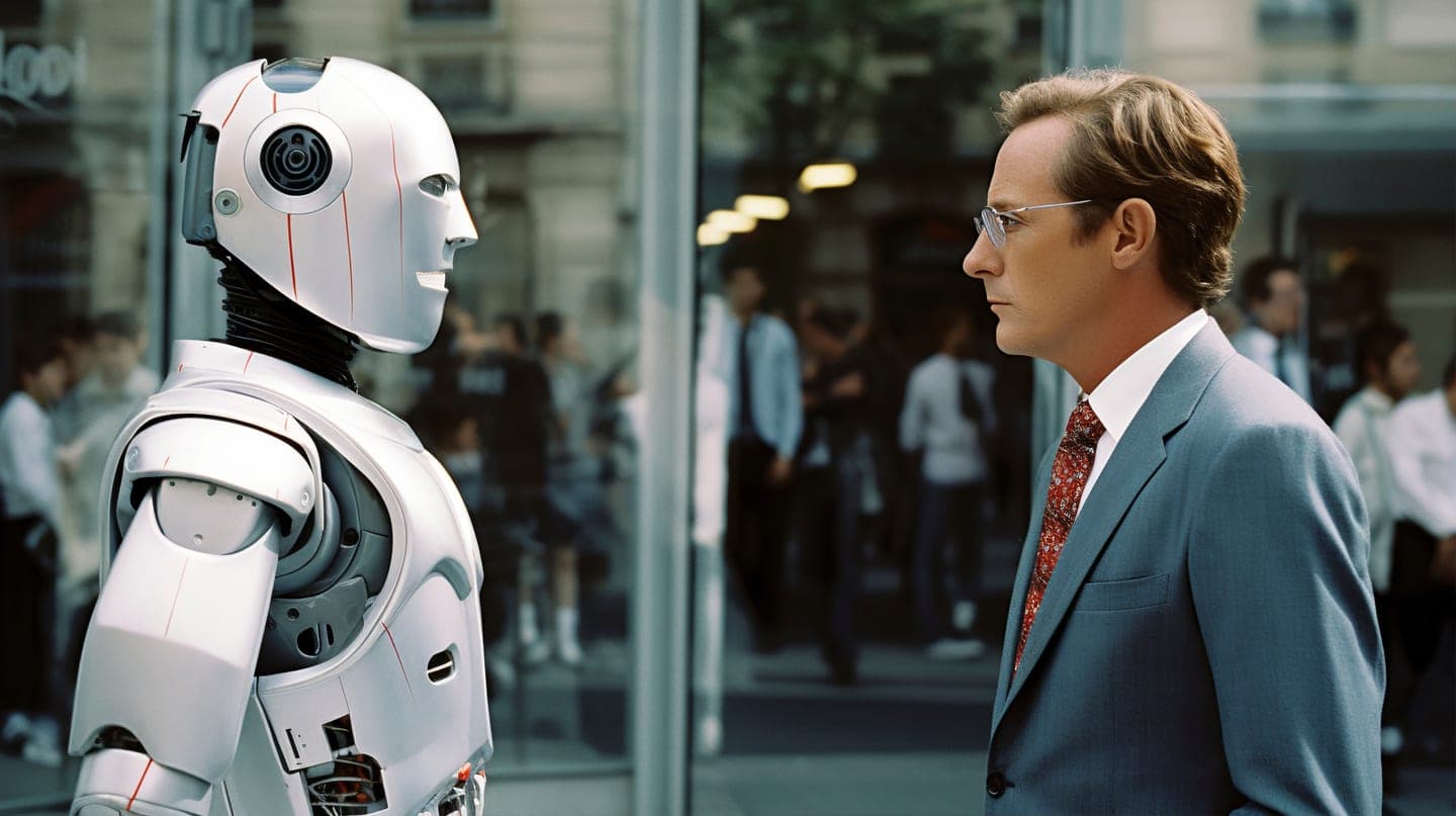 A man in a grey suit and glasses stands face to face with a white humanoid robot outside a glass shopfront on a busy city street, studying it closely.