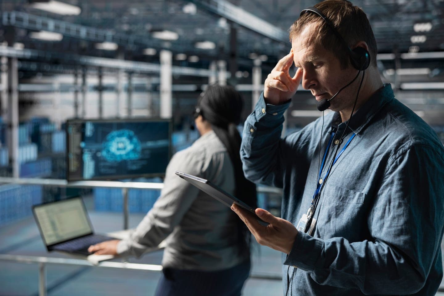 A data centre technician in a headset holds a tablet and presses a hand to his temple while a colleague works on a laptop beside a screen showing a glowing blue brain.