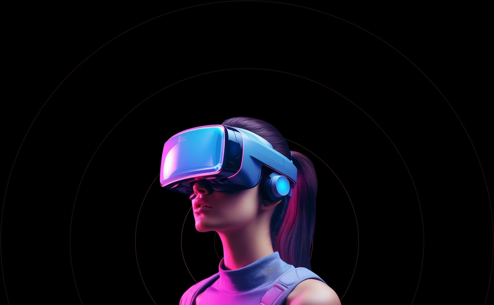 A person wearing a neon blue and magenta virtual reality headset