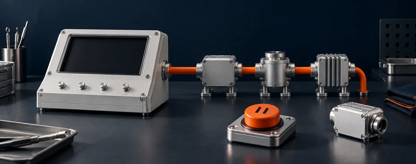A removable silver component rests beside an operational pipeline linked by an orange path to a console and pause switch.
