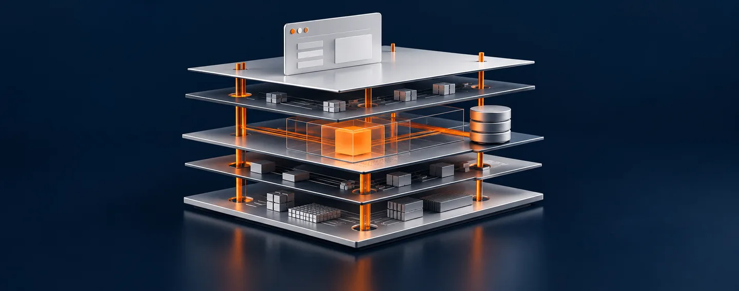 A database cylinder and an application window flank stacked silver platforms joined by orange conduits around an orange central block.