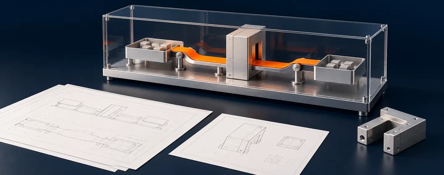 An orange track passes through a gate inside a clear enclosure over a silver prototype, with technical plans spread alongside.