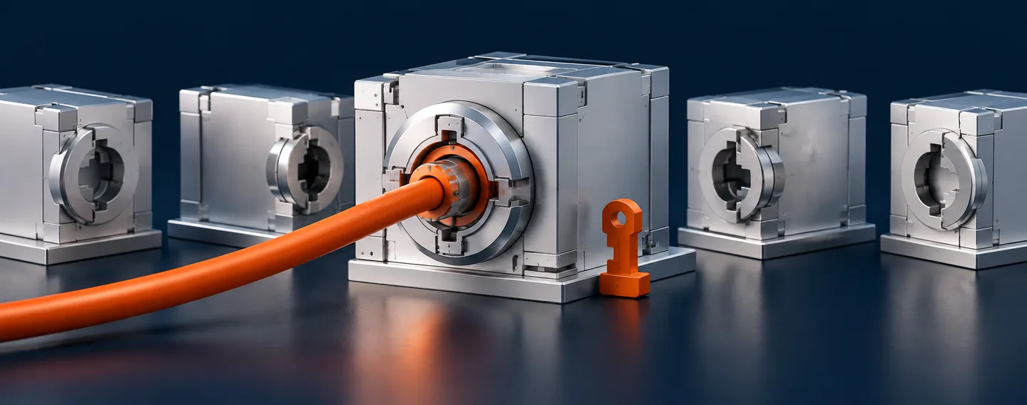 Silver ports sit inside bounded chambers while an orange connection crosses a narrow central permission gate.