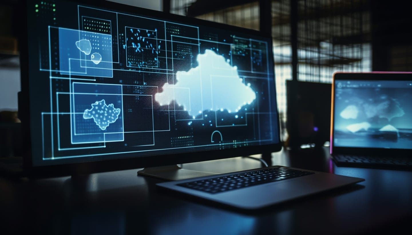 Dark desk with a laptop in front of a wide monitor showing glowing blue cloud and data panels connected by thin lines, with a second screen in the background