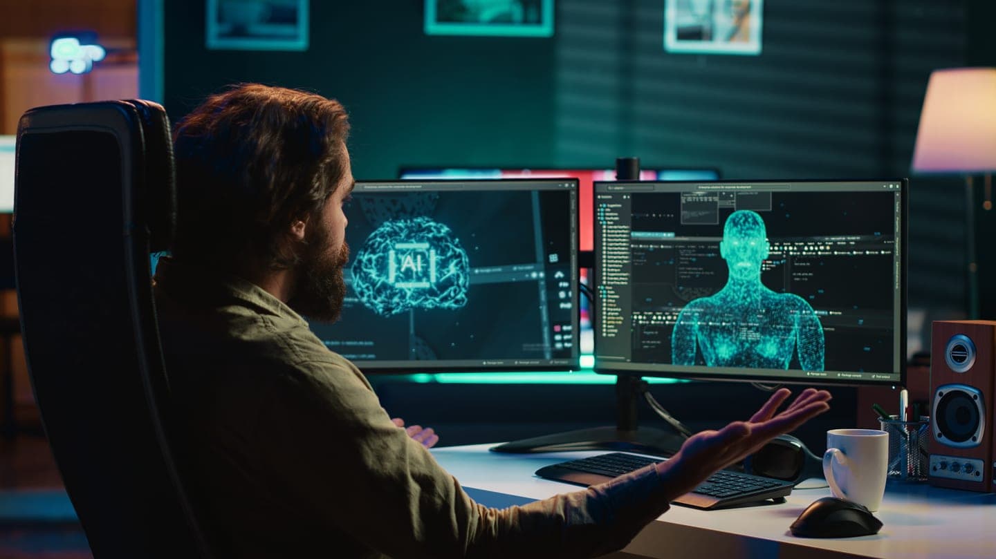 An engineer at a dark desk raises a hand towards two monitors showing a glowing cyan AI figure and a holographic brain beside lines of code