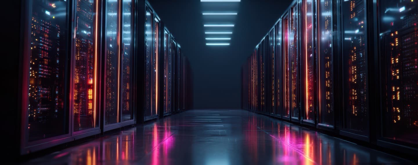 A dark data-centre aisle between server racks, lit by pink and cyan indicator strips.