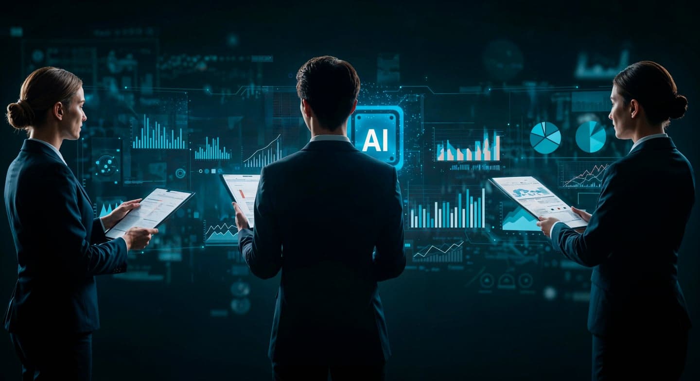 Three professionals holding printed reports stand facing a glowing blue AI display filled with usage charts and graphs.
