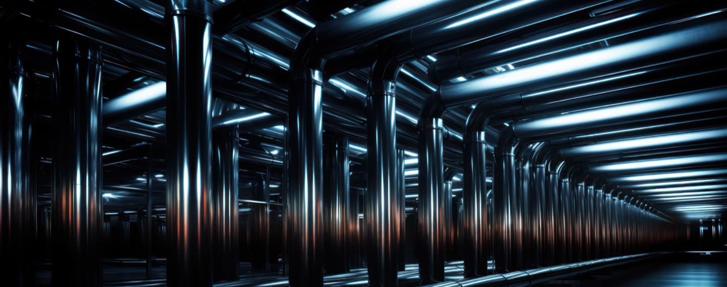 Rows of large steel pipes running the length of a dark industrial plant under strip lighting.