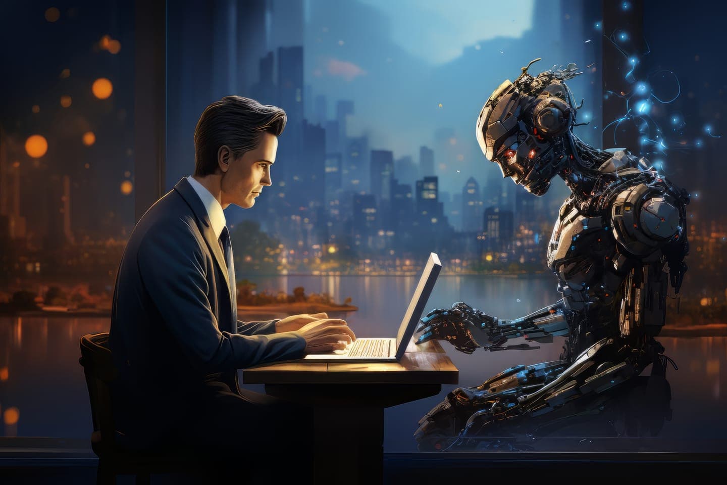A businessman and a humanoid robot work side by side at a desk by a window overlooking a city lit up at night.