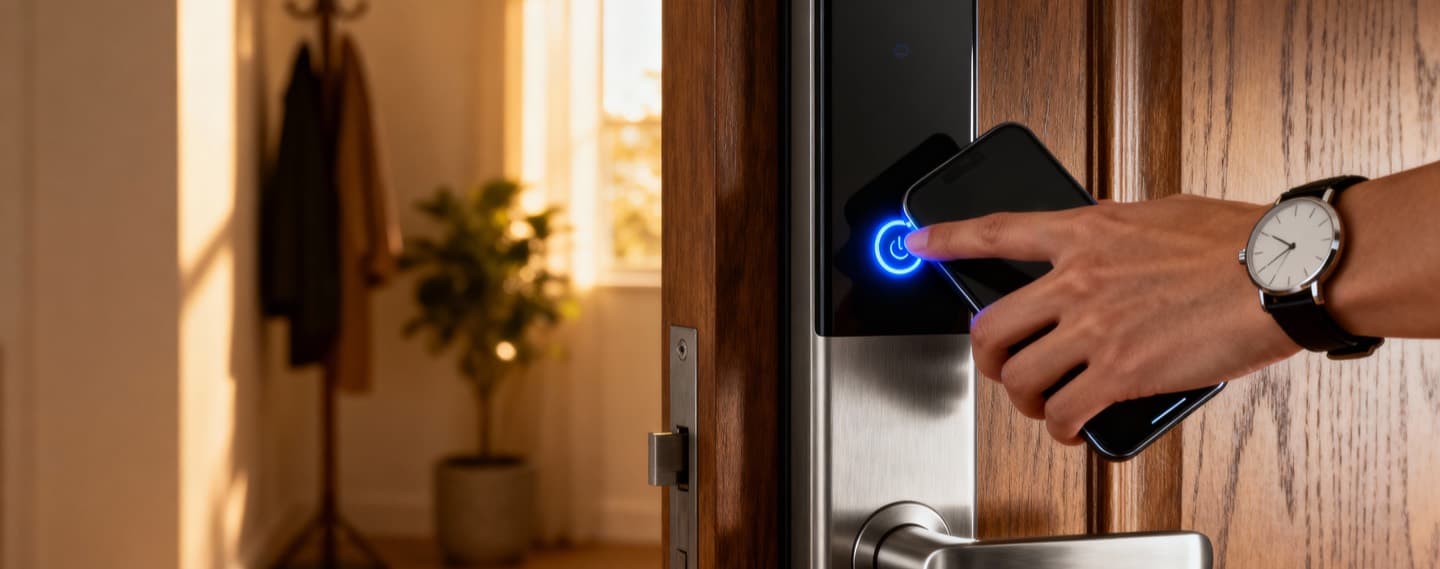 A hand holding a phone against an electronic door lock whose blue indicator ring is lit.