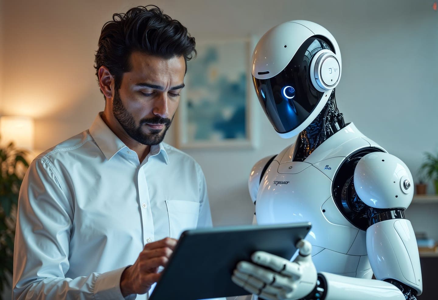 A bearded man in a white shirt taps through a tablet while a white humanoid robot with a glowing blue eye stands at his shoulder, both studying the screen in a softly lit office.