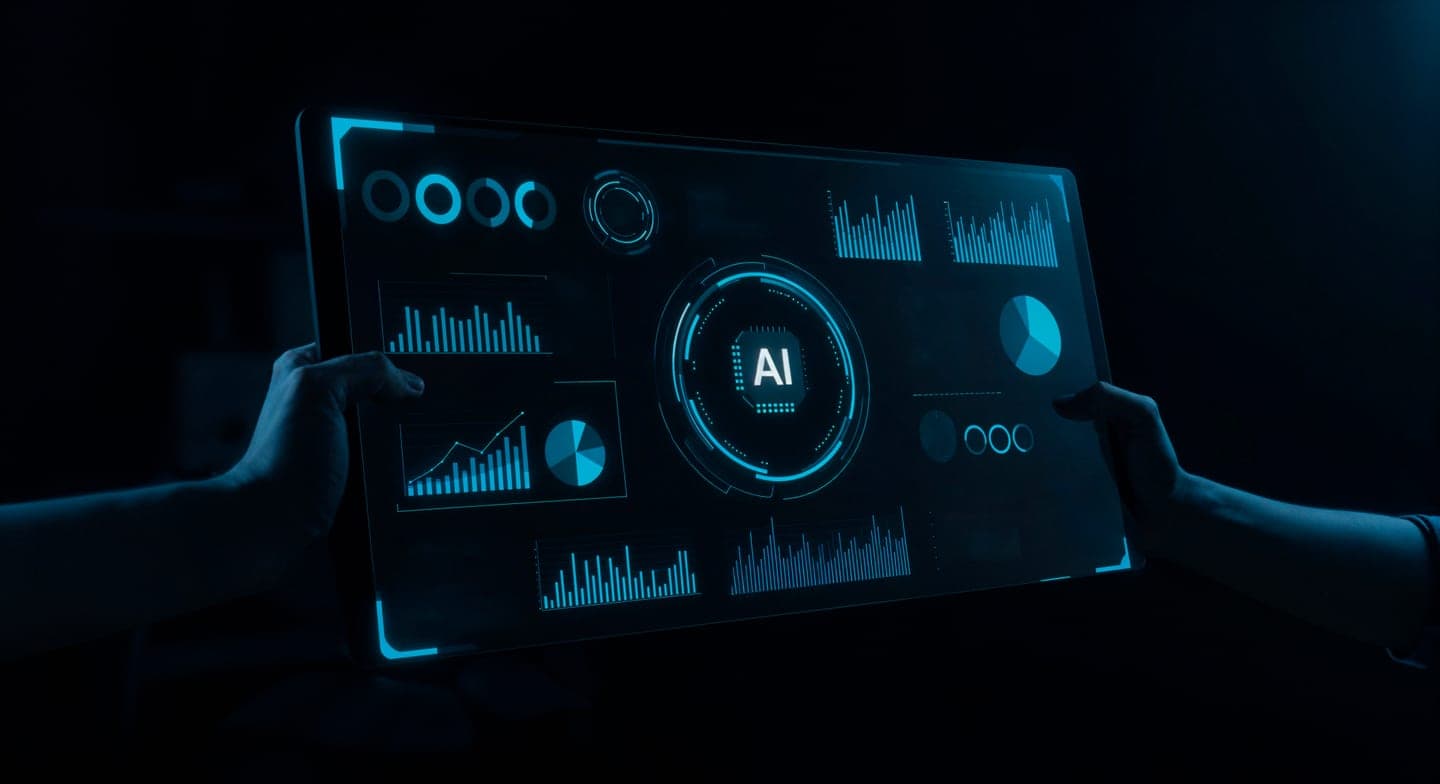 Two hands hold up a transparent glass panel in a dark room, showing glowing cyan bar charts, pie charts and a circular AI emblem at its centre.